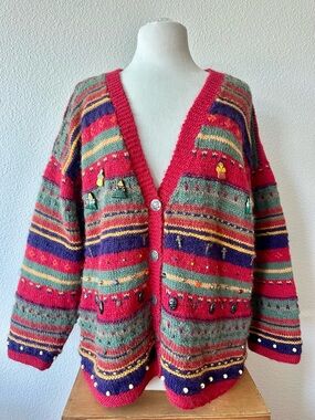 VTG 80s Peruvian Wool Red Green Multi Color Hand Knit Heavy Charm Sweater L/XL